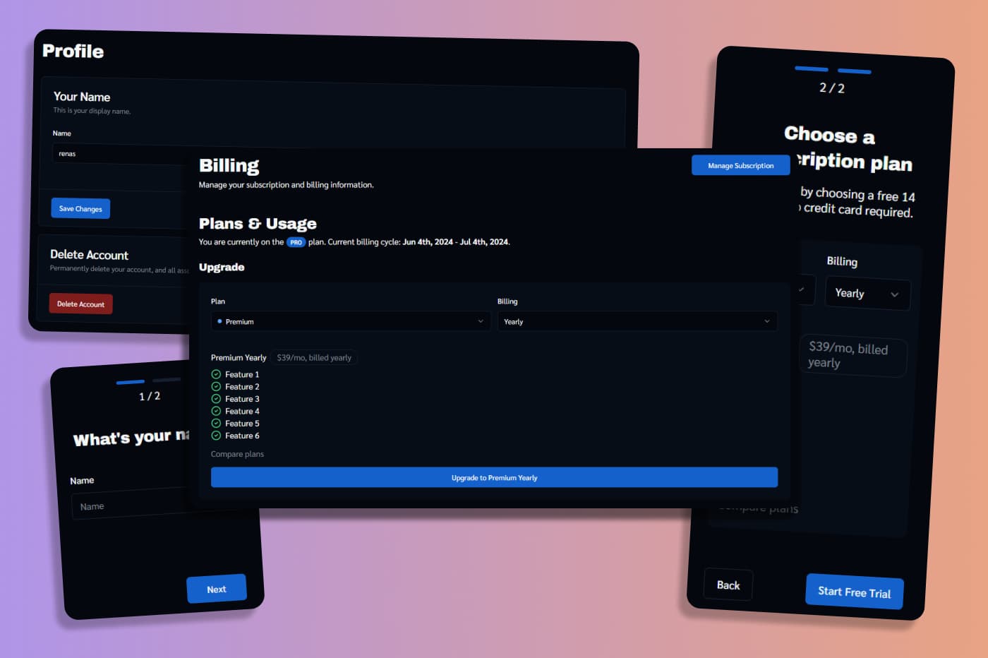 NextJet user dashboard